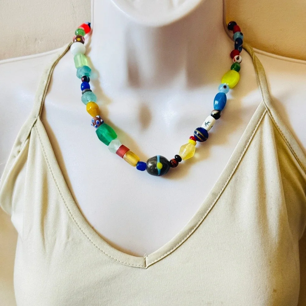 VTG‎ BOHO Art glass Necklace Colorful Beads lampwork Murano trading rare 18